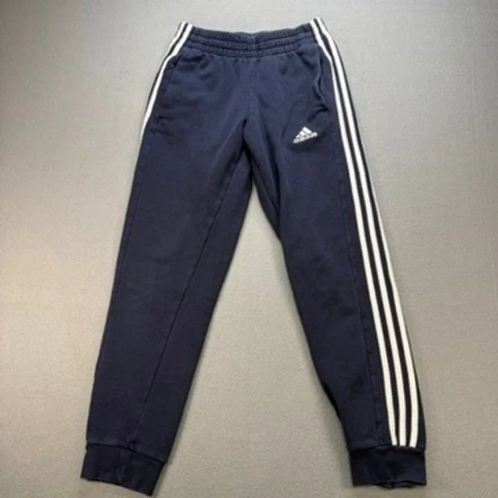 Adidas 3 Stripe Sweatpants Joggers Tapered Small Navy Blue White Fleece Mens